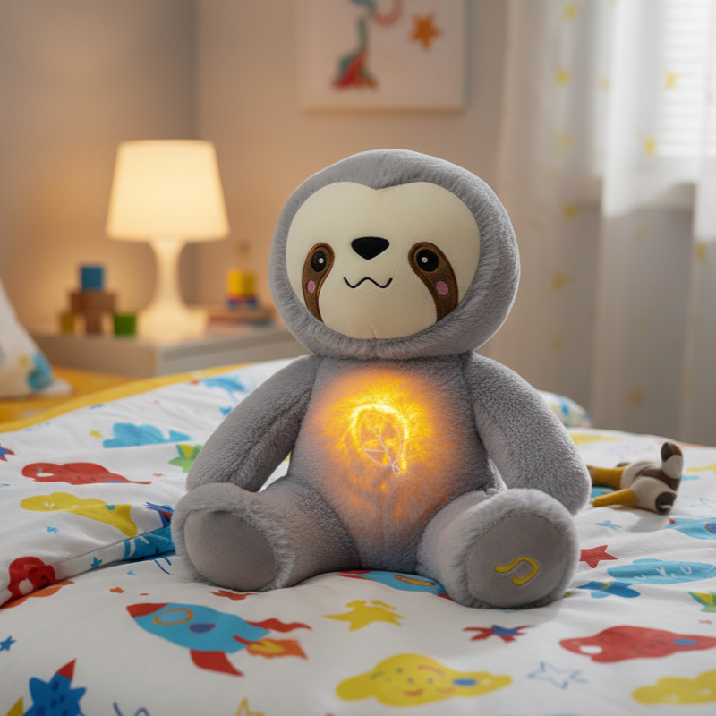 Plush sloth toy with glowing belly on a child's bed
