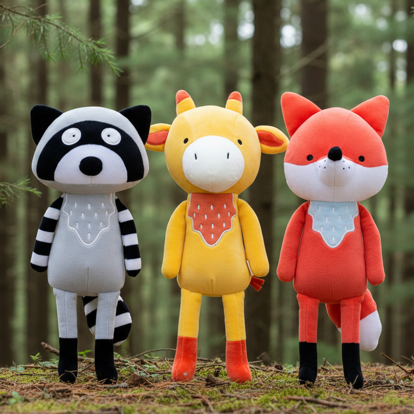 Three raccoon, deer, and fox soft plush toys standing in a forest setting.