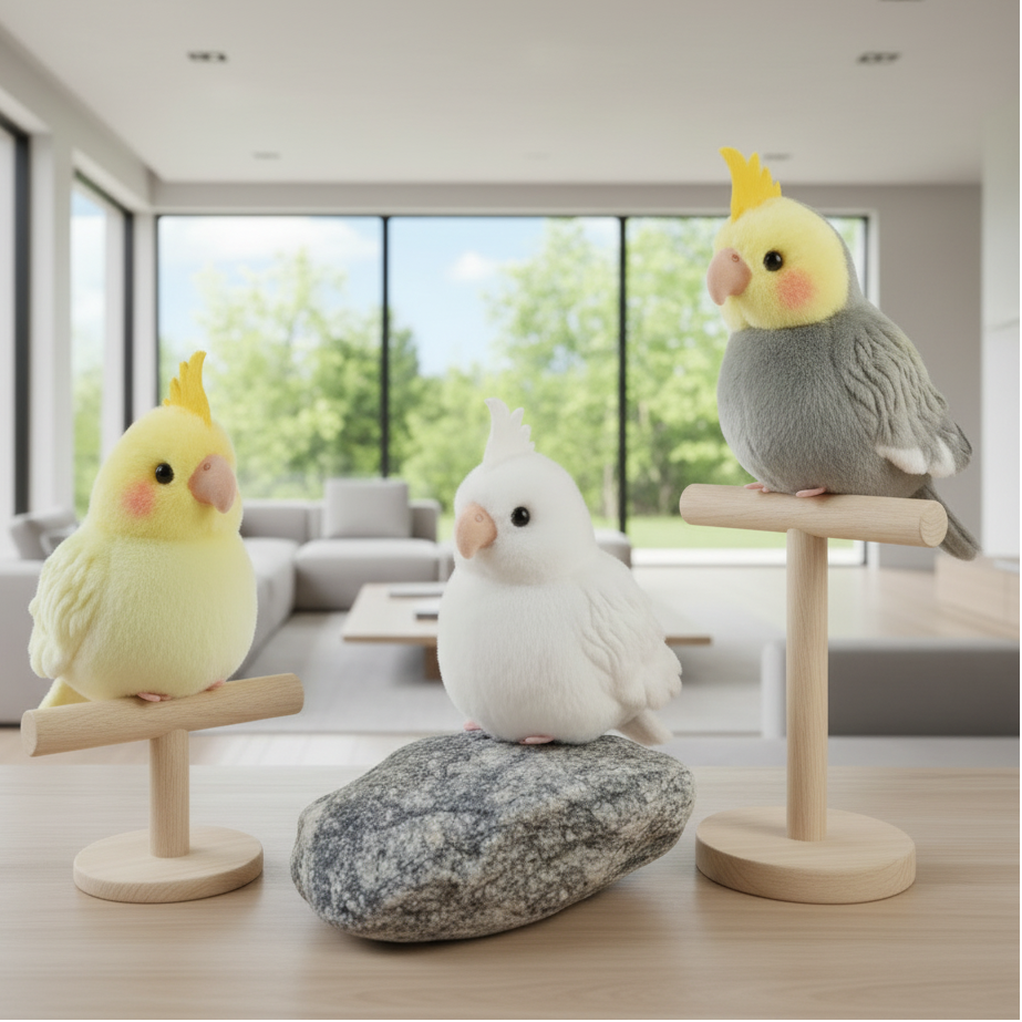Three soft parrot plush toys on stands in a modern living room.