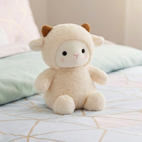 A small cream-colored plush sheep toy with brown ears sits on a pastel pink and mint blue geometric patterned duvet on a bed in a softly lit child's bedroom.