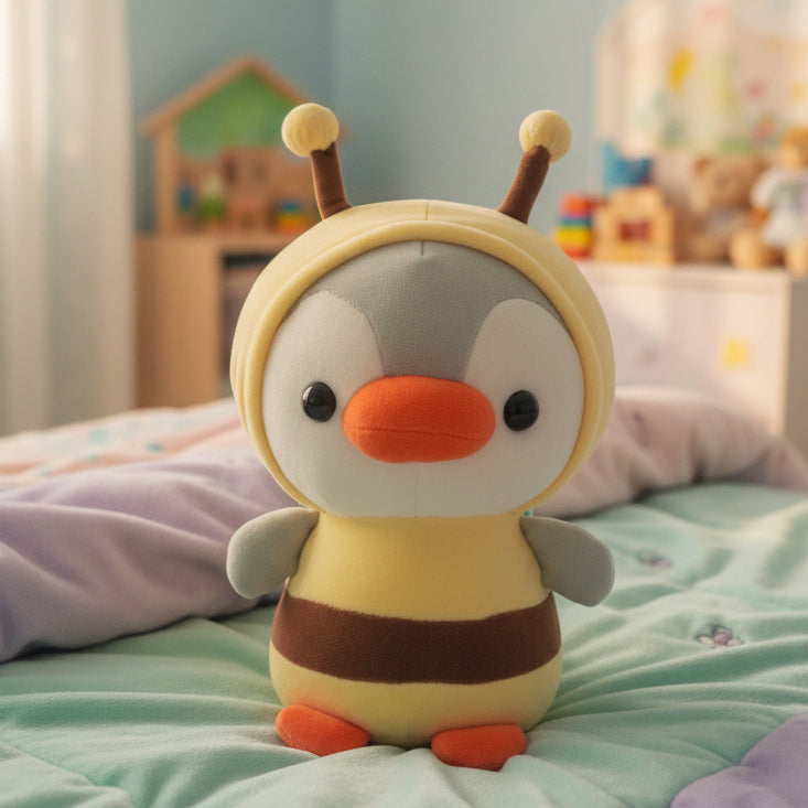A plush toy penguin wearing a yellow and brown bee costume, sitting on a white surface against a light gray wall.