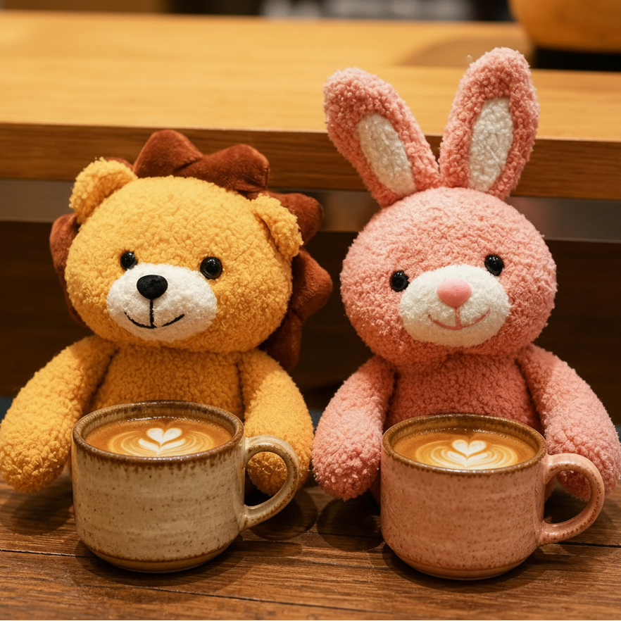 Two plush stuffed toys sitting side by side on a wooden table, each holding a ceramic cup with latte art. The left toy is a golden-brown teddy bear with a brown bow, and the right toy is a pink bunny with long ears.