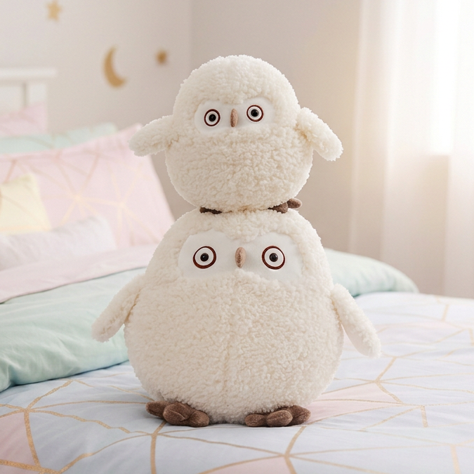 A cute, double-decker plush sheep toy made of soft white sherpa fabric, sitting on a pastel pink and mint blue bed in a child's bedroom.