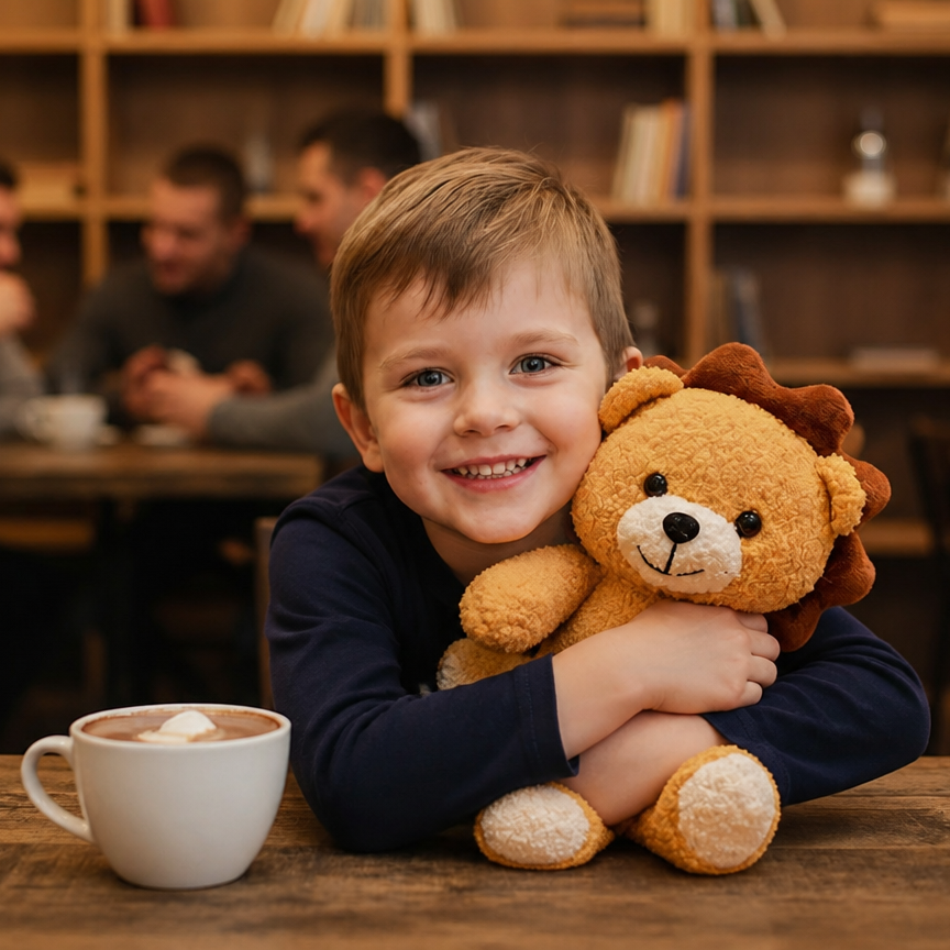 A young boy with light brown hair smiles while hugging a plush brown teddy bear with a lion mane. He is sitting at a wooden table with a white coffee mug in the foreground, with a warm, blurred library or cafe background featuring bookshelves and other people.