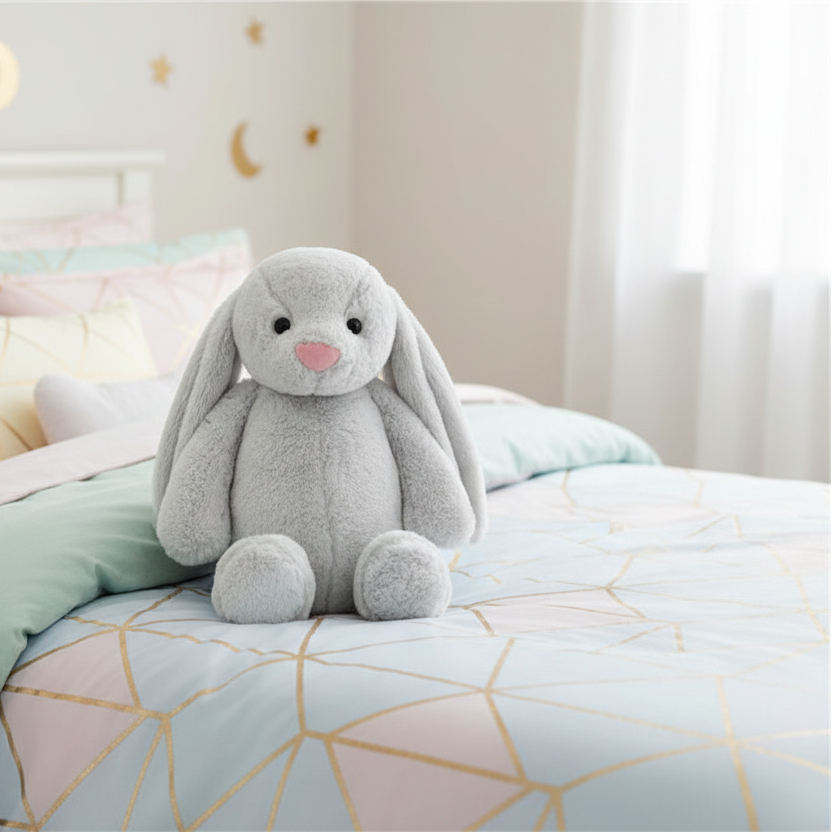 Gray plush bunny toy on a bed with pastel bedding