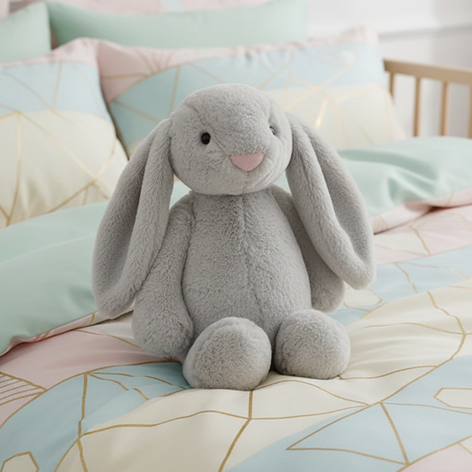 Soft gray plush bunny toy on a colorful bedspread