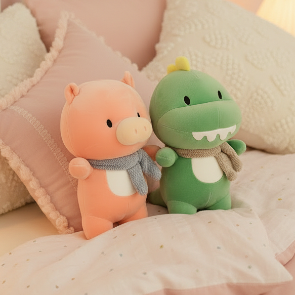 Two plush toys, a peach pig wearing a gray scarf and a green dinosaur wearing a beige scarf, sitting on a pink bed with pillows and a lit lamp in the background.