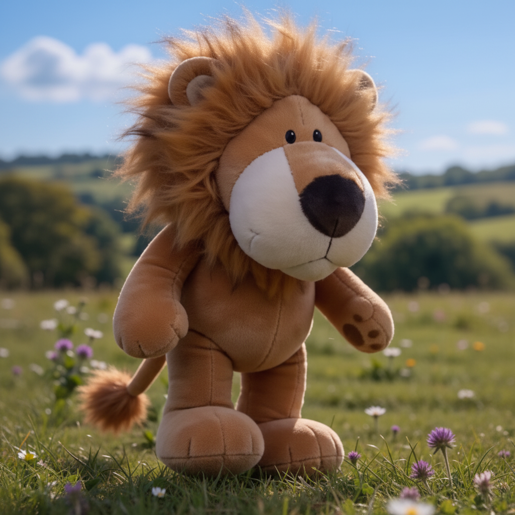 A plush lion toy standing in a grassy outdoor field with flowers and a blurred sky background.