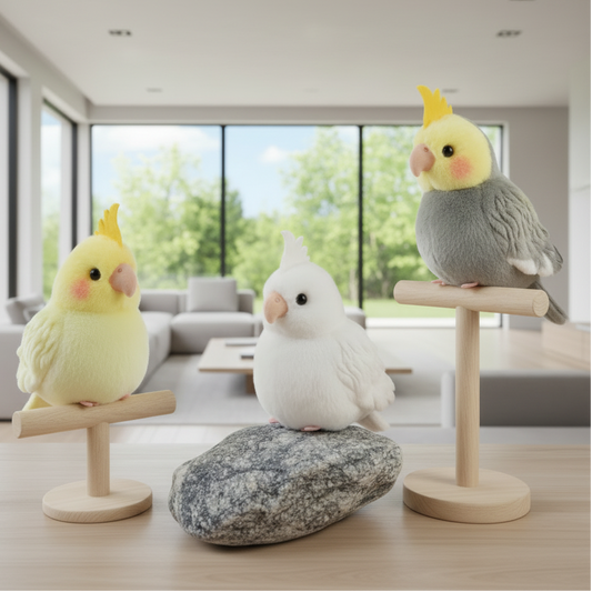 Three soft parrot plush toys on stands in a modern living room.