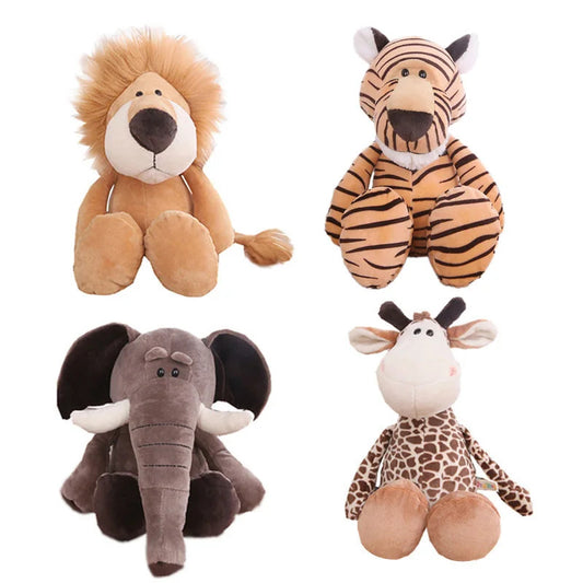 A collection of soft plush toy animals including a lion, elephant, tiger, and giraffe.