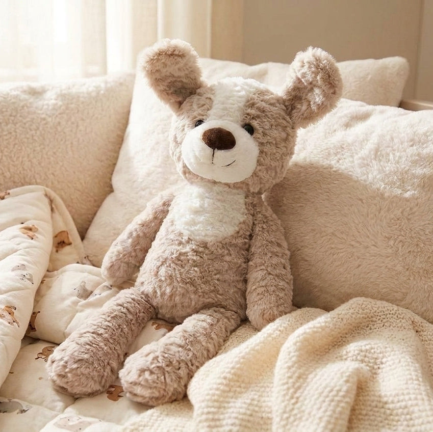 A plush puppy dog toy with brown and cream fur and upright ears, sits on a bed surrounded by cream bedding, pillows, and a blanket in a softly lit bedroom.