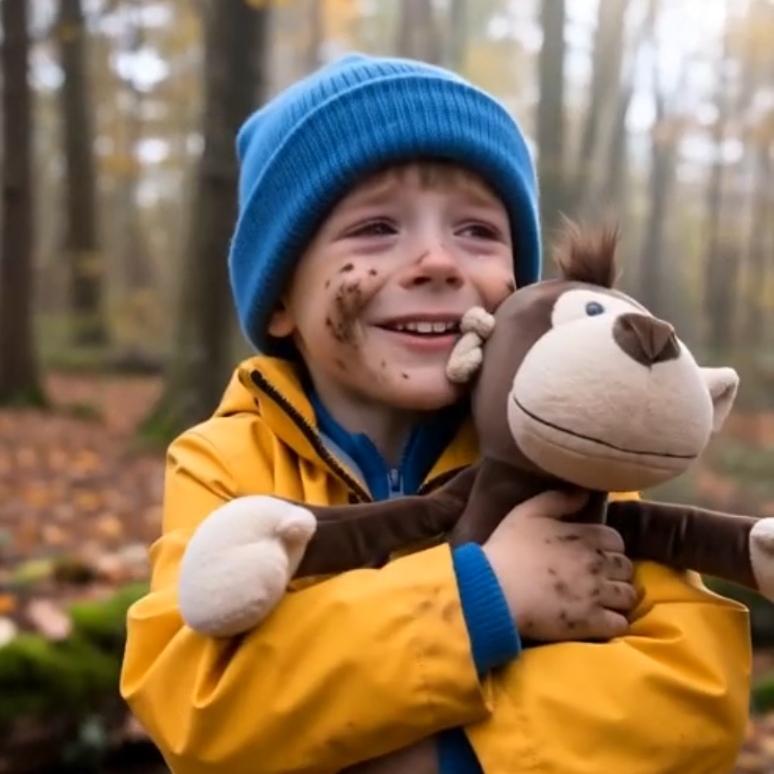 A young child wearing a bright blue knit beanie and a yellow raincoat stands in a blurred autumn forest, smiling while holding a brown plush monkey toy.