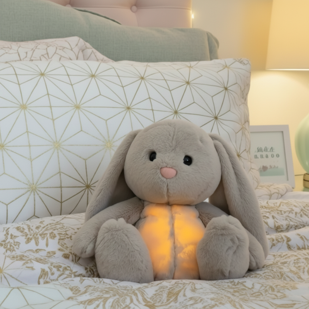 Gray plush bunny toy sitting upright on a bed with geometric patterned pillows