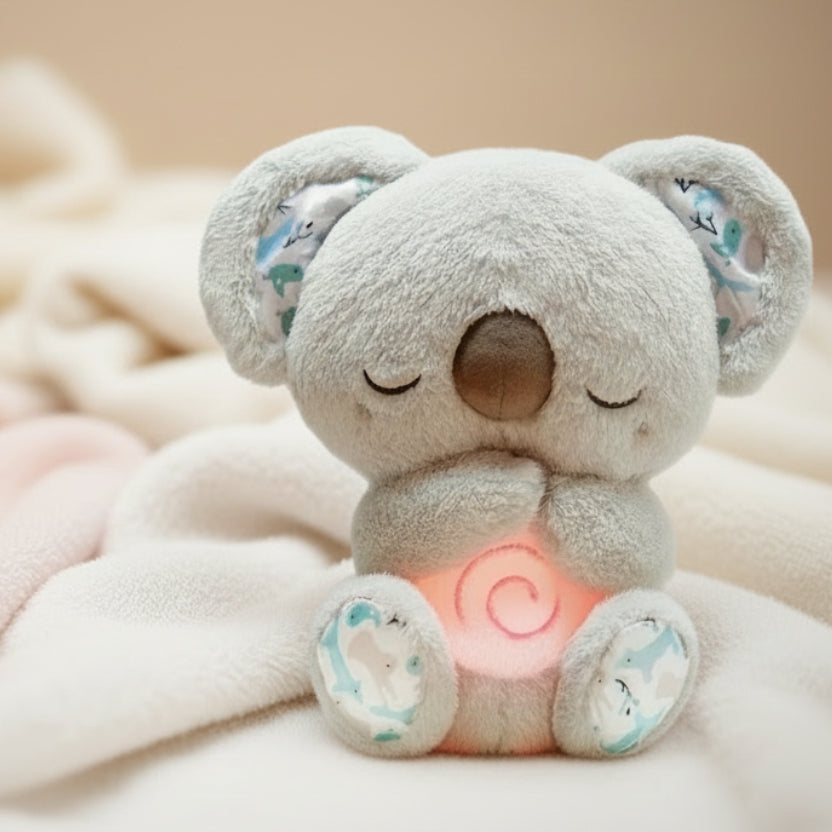Cute plush koala toy sits upright on a bedding setting with eyes closed.