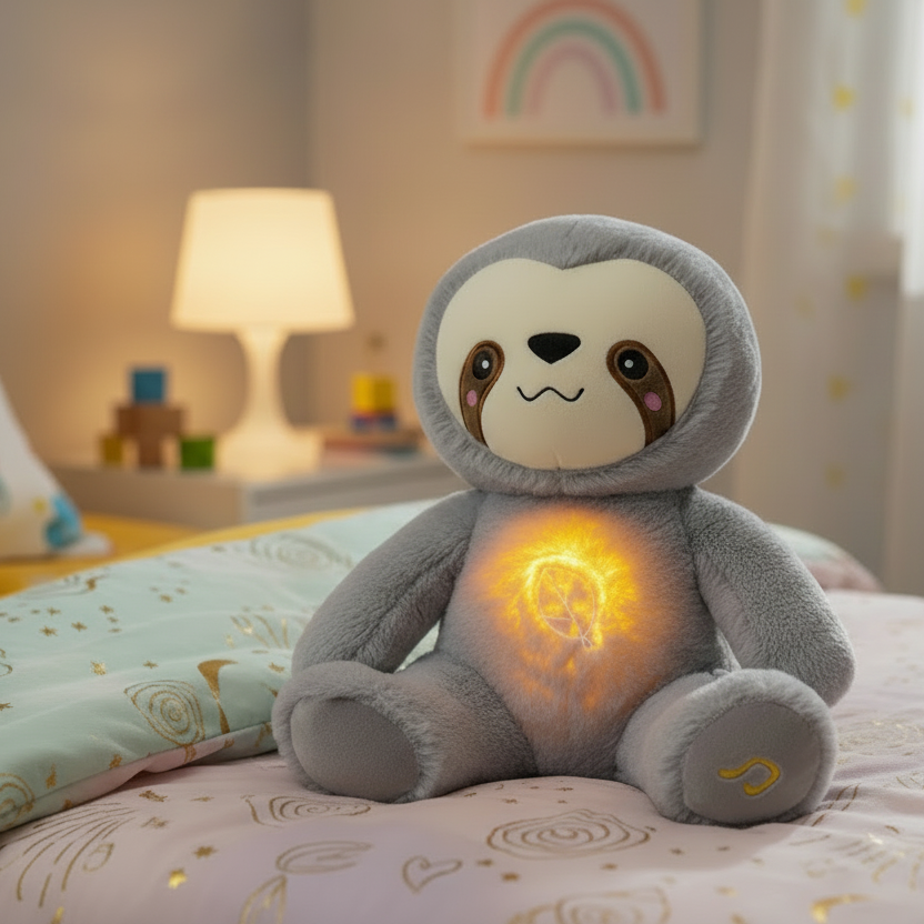 Plush toy sloth with glowing belly on a bed in a bedroom setting