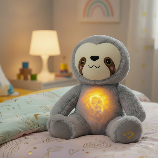 Plush toy sloth with glowing belly on a bed in a bedroom setting