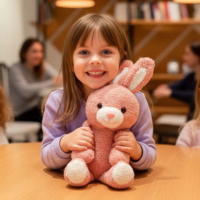 Brown-haired girl smiling directly at camera holding pink rabbit