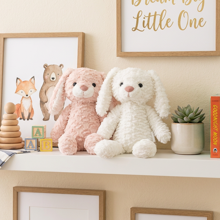 A styled nursery shelf featuring two plush stuffed bunny toys, one pink and one white, alongside framed wall art, a small plant, and books against a warm beige wall.