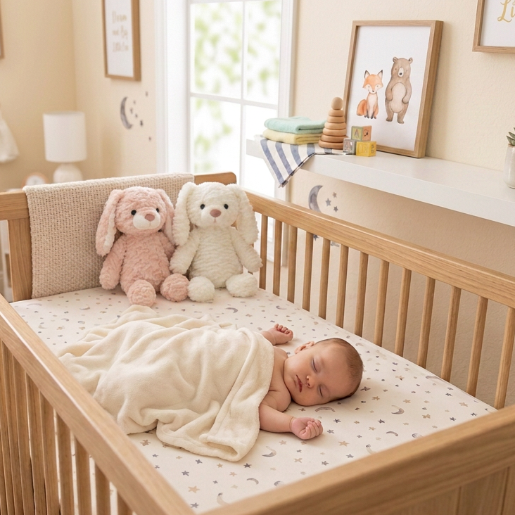 A baby sleeping under a cream blanket in a light wood crib, styled with a pink bunny and a white bunny plush toy. The crib is set in a warm, cozy nursery with beige walls, a white shelf, and framed artwork.