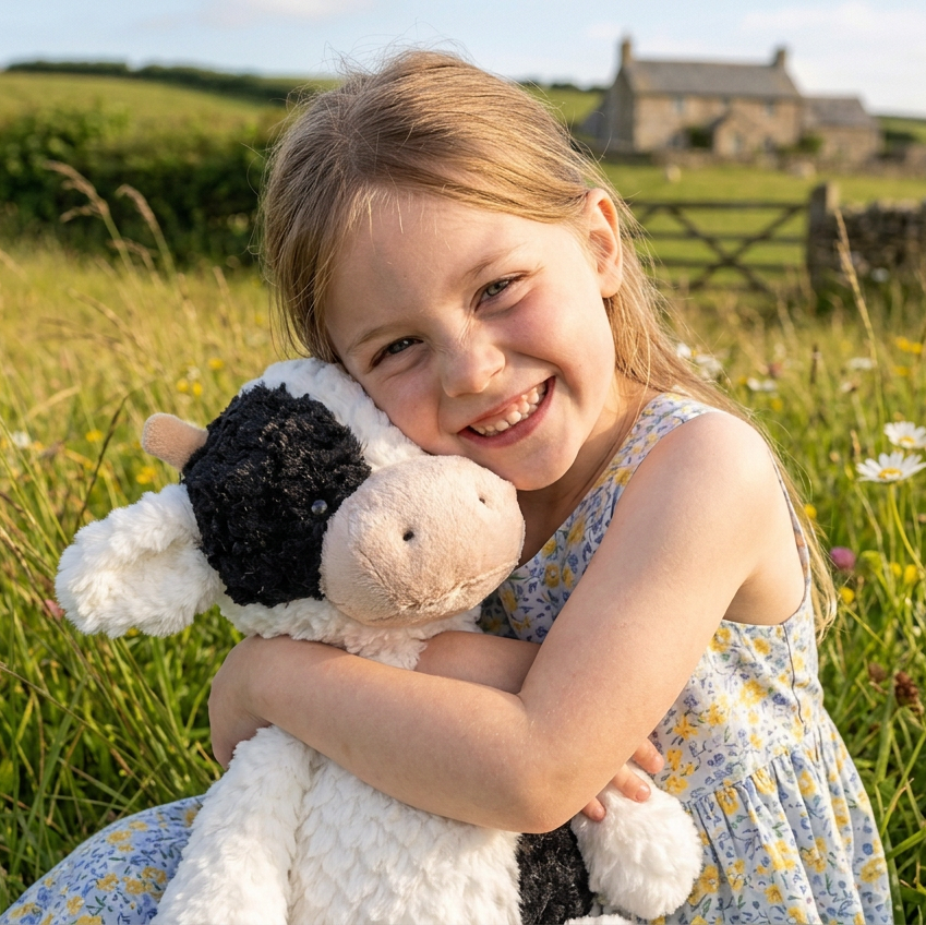 A young girl with blonde hair smiling while hugging a plush black-and-white cow toy in a grassy field, with a stone building blurred in the background.