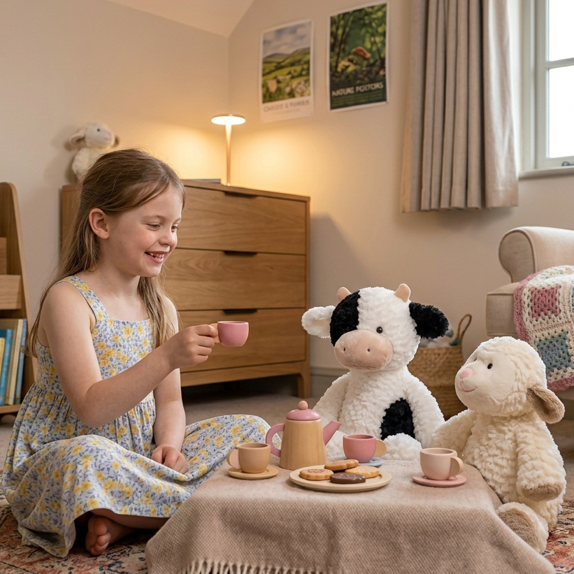 A young girl in a yellow floral dress sits on a patterned rug in a cozy child's room, playing with a small tea party set with plush toys. The scene includes a wooden bookshelf, a dresser, a window with curtains, and a sofa with a crocheted blanket.