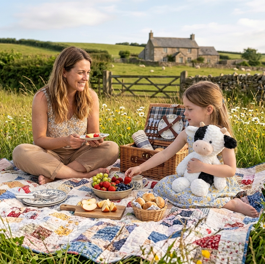 A woman and a young girl sit on a patchwork picnic blanket in a grassy field, sharing a meal outdoors. A wicker basket, bread, fruit, and a plush cow toy are on the blanket, with a stone wall, green fields, and a stone cottage in the background.