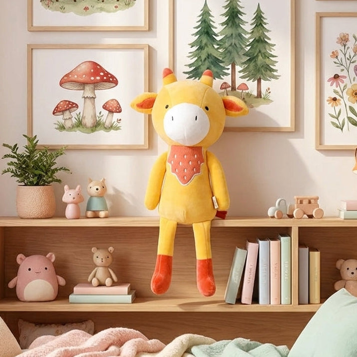 A yellow plush deer toy with red boots and a red patterned neck scarf stands on a wooden shelf in a cozy children's bedroom. The room features a wall of framed woodland art prints, including deer, mushrooms, pine trees, and flowers, with soft pink and mint pillows and blankets on a bed below.