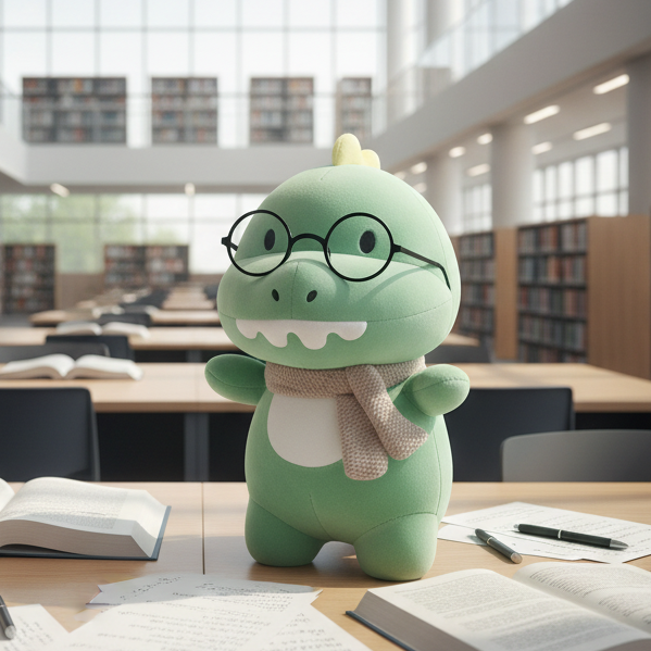 Dino studying in modern university library