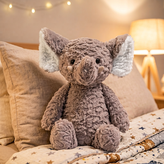 A plush elephant toy sitting on a bed with beige pillows and star-patterned bedding, in a warm, softly lit bedroom setting.
