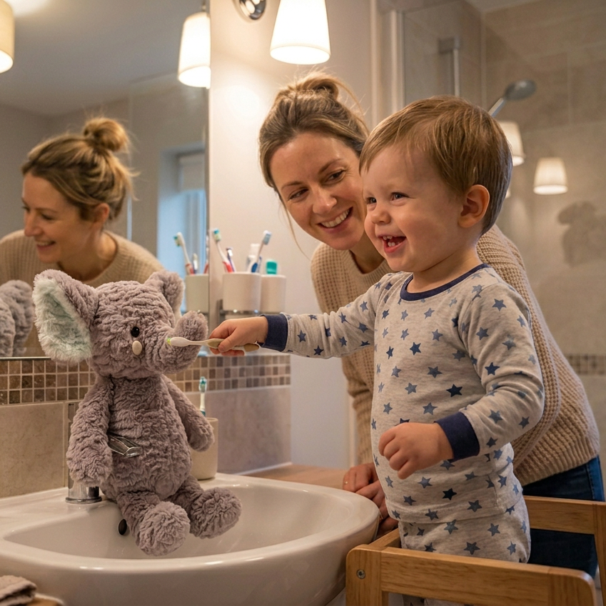 A toddler in star-patterned pajamas stands at a bathroom sink holding a gray plush elephant toy, with a smiling woman behind them and a mirror reflection visible.