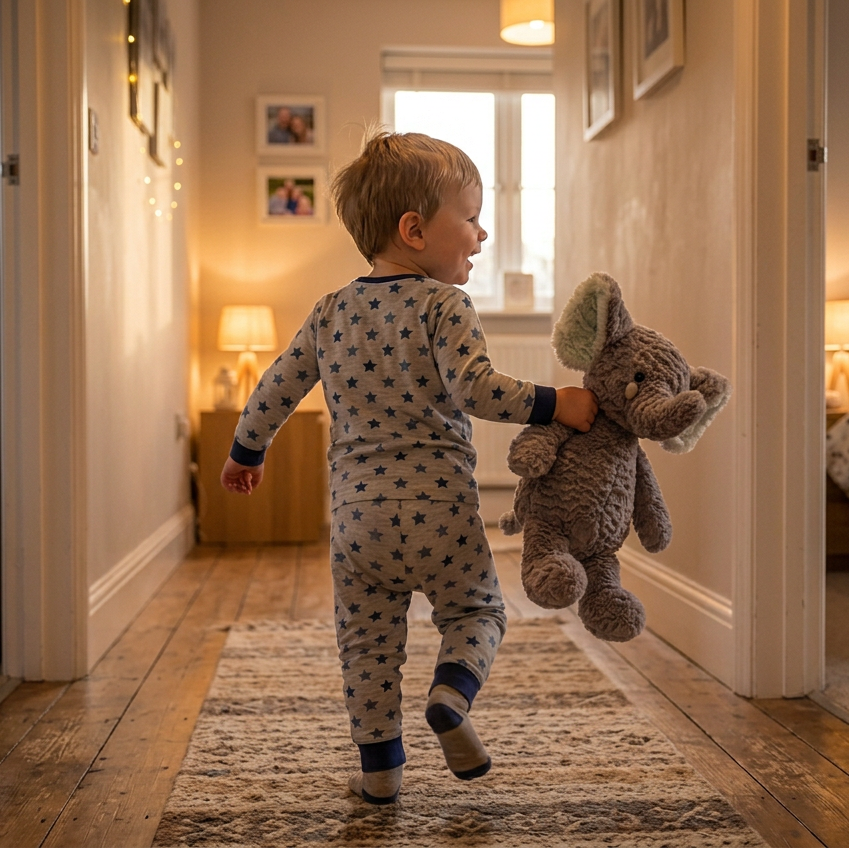 A toddler in blue and white star-patterned pajamas walks down a warmly lit hallway carrying a gray stuffed elephant toy.