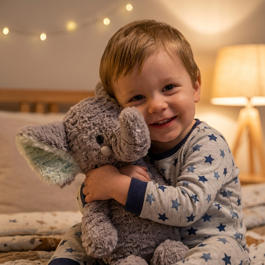 A smiling young child in a bed wearing light gray pajamas with blue star print, hugging a large gray plush elephant toy in a warmly lit bedroom.