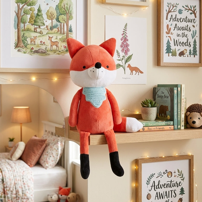 A plush orange-red fox toy with a white muzzle, blue crocheted neckerchief, and black boots is hanging on a wooden shelf in a cozy children's bedroom. Framed woodland art prints, string lights, a bed, and a small hedgehog plush are visible in the room.
