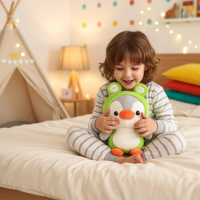 Frog Penguin child on bed