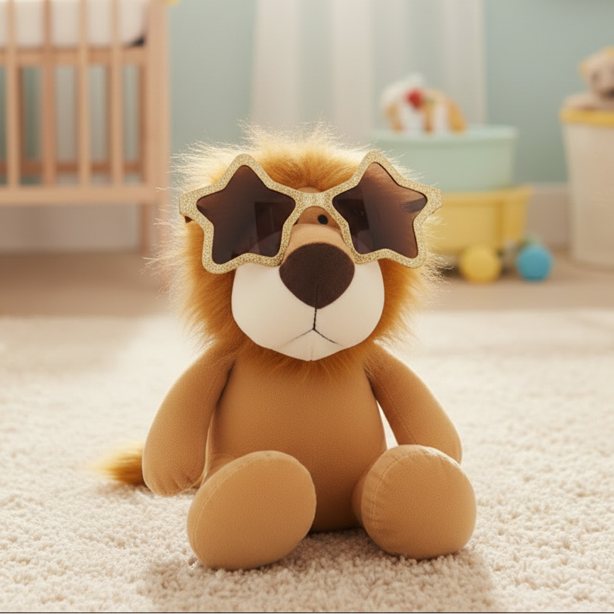 A plush lion toy sitting on a cream carpet in a softly lit nursery, wearing star-shaped sunglasses with a gold glitter border.