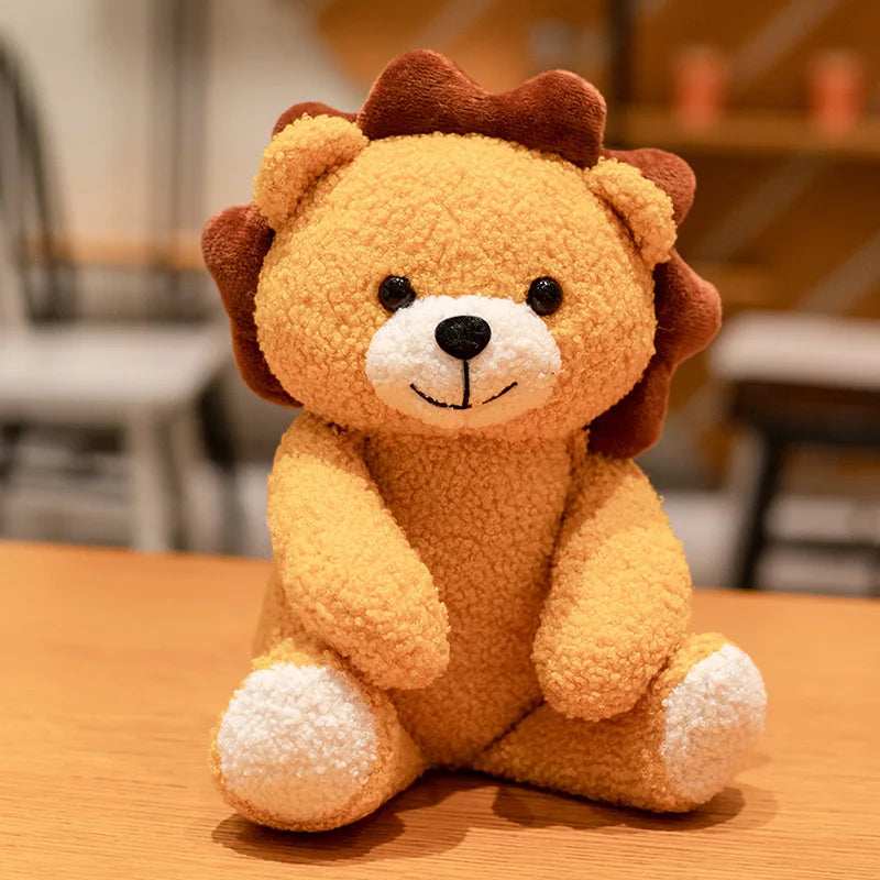 cute lion plush toy sits on a table in a café setting