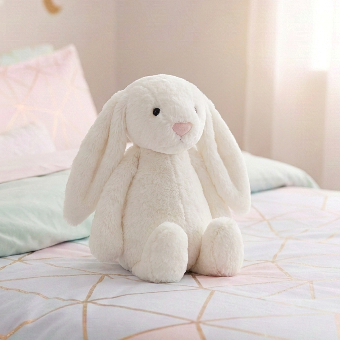 A plush white bunny stuffed animal sits on a pastel pink and blue patterned bedspread in a softly lit bedroom.