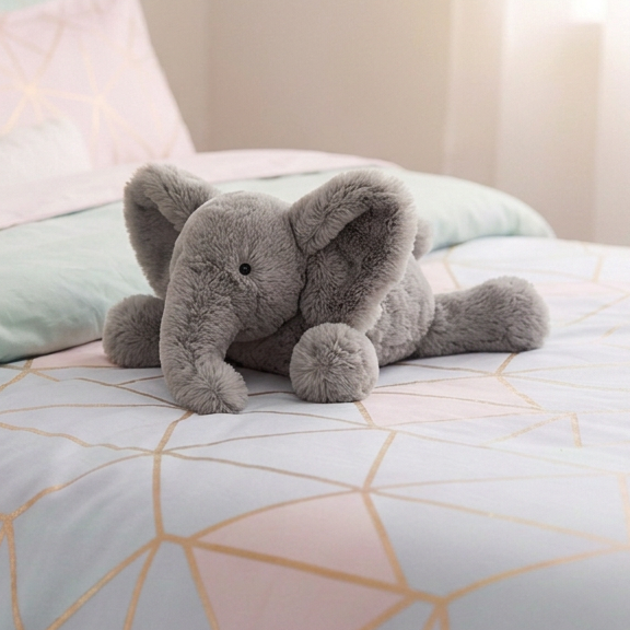 A cozy children's bedroom scene with a gray plush elephant toy resting on a bed. The bed is styled with pastel pink and mint green bedding, a white duvet with gold geometric lines, and matching pillows.
