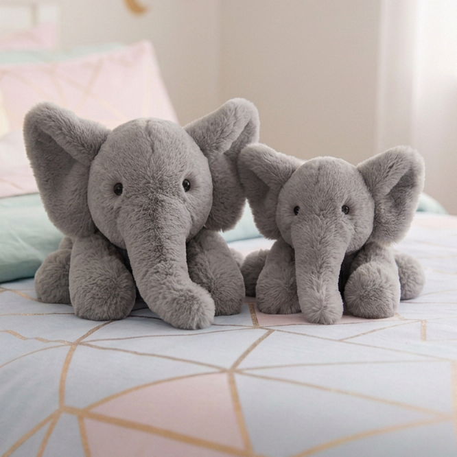 Two gray plush elephant toys sitting on a bed with pastel bedding in a softly lit bedroom.