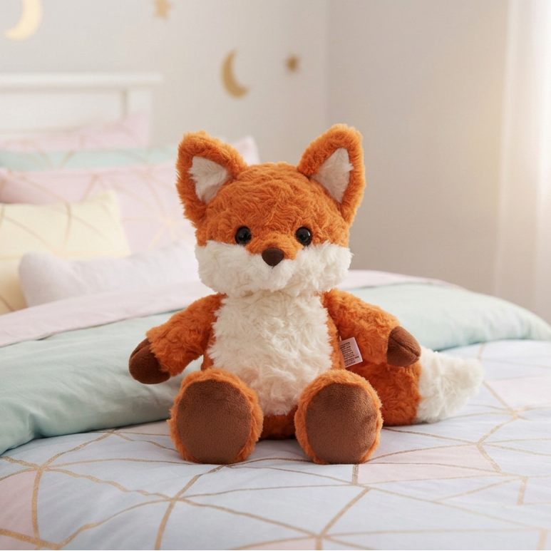 A plush orange and white fox stuffed animal sits centered on a neatly made bed in a softly lit children's bedroom. The bed has pastel bedding, patterned pillows, and wall decals including crescent moons and stars.