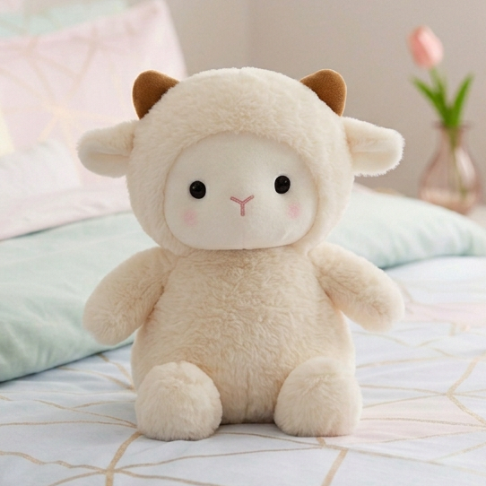 A cute plush sheep toy with brown ears and a pink stitched nose sits on a pastel bedding bed in a softly lit bedroom.