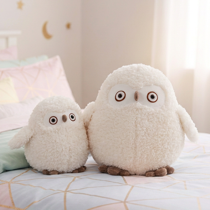 Two fluffy white owl plush toys with brown feet, sitting on a pastel pink and gold patterned bedspread in a softly lit bedroom.