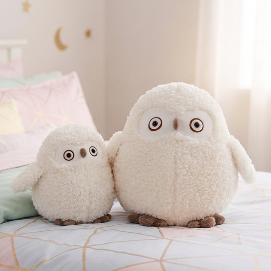 Two fluffy white owl plush toys with brown feet, sitting on a pastel pink and gold patterned bedspread in a softly lit bedroom.