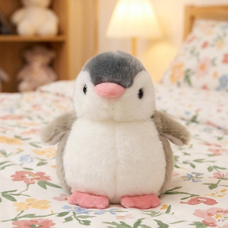 A plush penguin toy sitting on a floral bedspread in a softly lit bedroom. The toy has a white belly, dark gray head and back, and pink beak and feet.