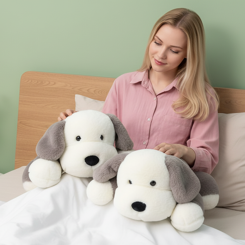 Woman holding two large plush dog toys on a bed with a light green wall and flowers in the background.