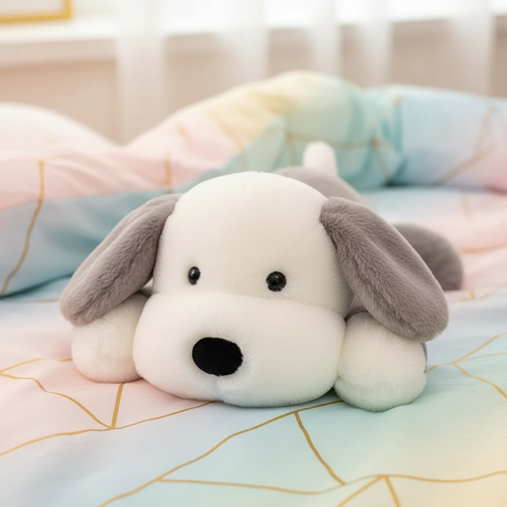 Plush dog toy on a soft, patterned surface