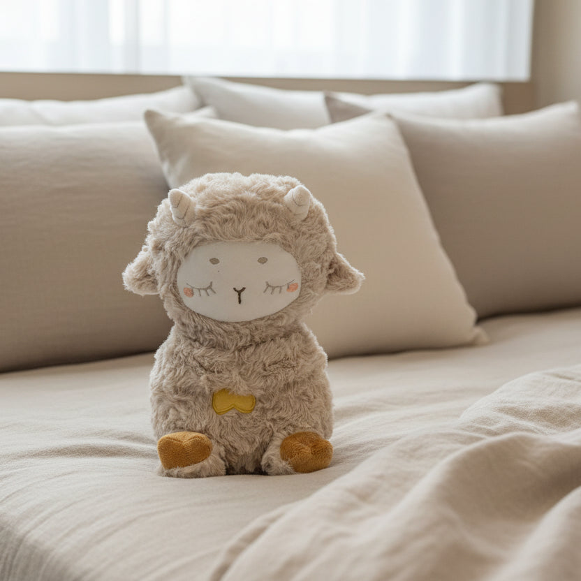 Plush toy sheep on a bed with pillows in the background