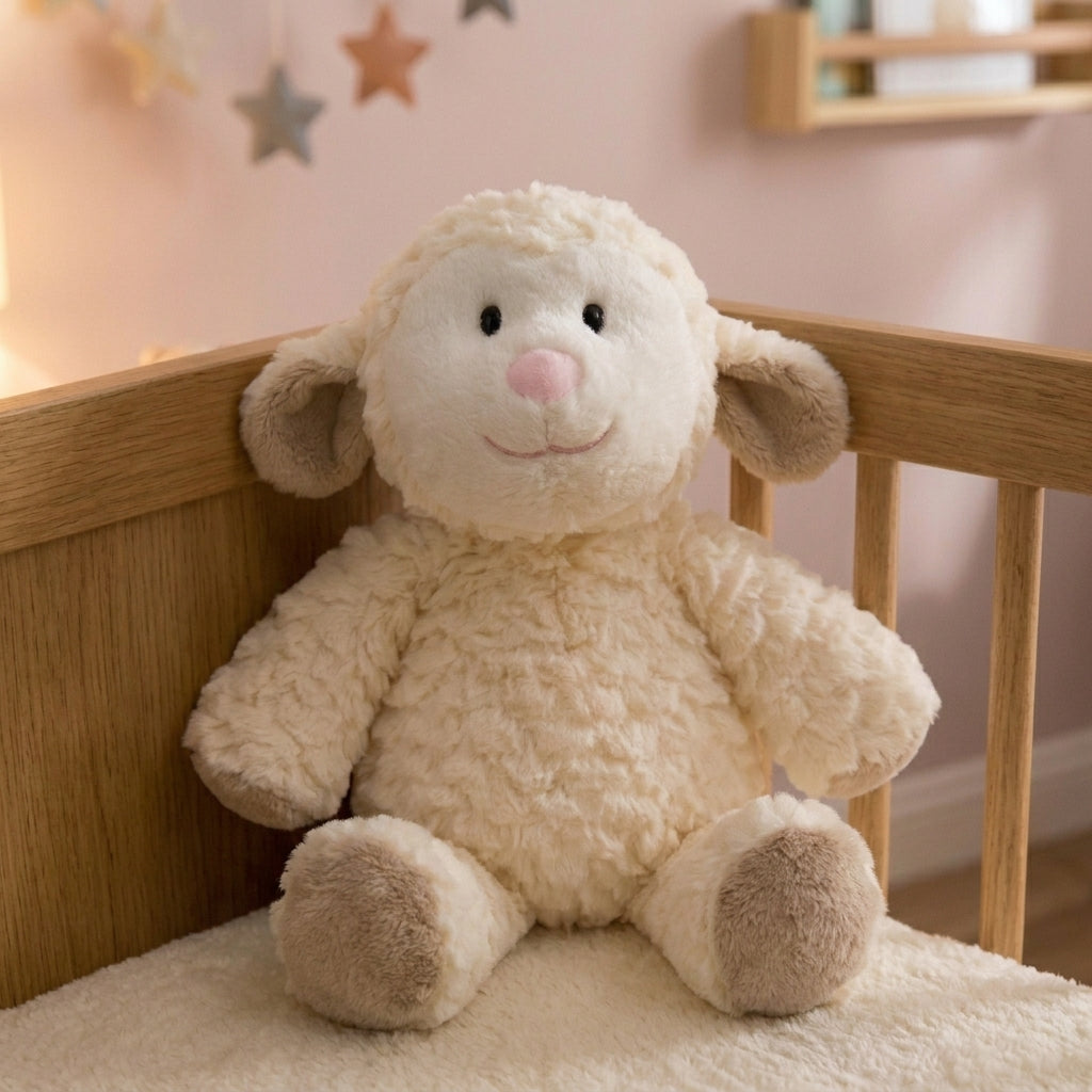 A plush cream-colored sheep toy with a pink nose and black eyes, sitting on a white blanket inside a wooden crib in a softly lit nursery.