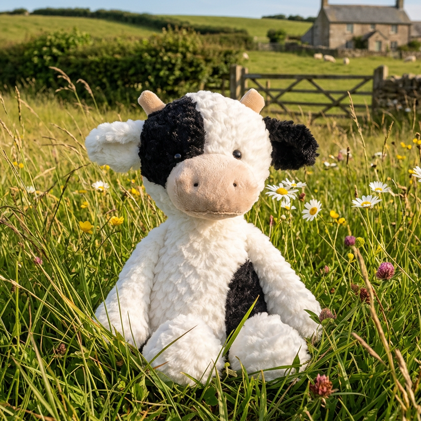 A plush cow toy sits in a grassy field with wildflowers, with a stone cottage and green hills in the background.