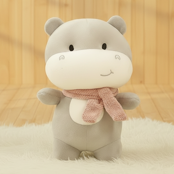 A cute gray and white plush toy with a pink knitted scarf, standing on a white faux fur rug against a light wood panel background.